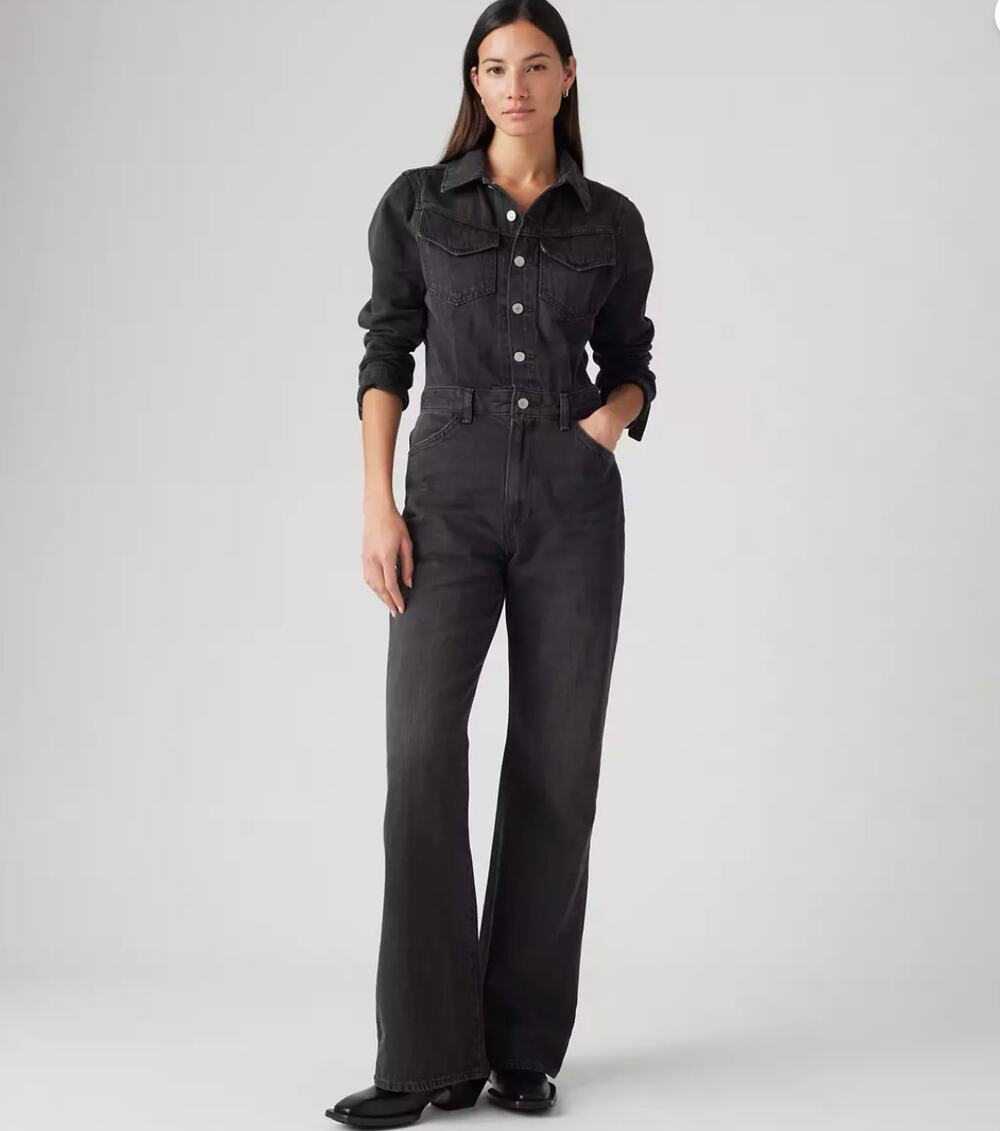 Levi's Womens Western Jumpsuit 26 Black Denim Overalls Full Length Long Sleeve